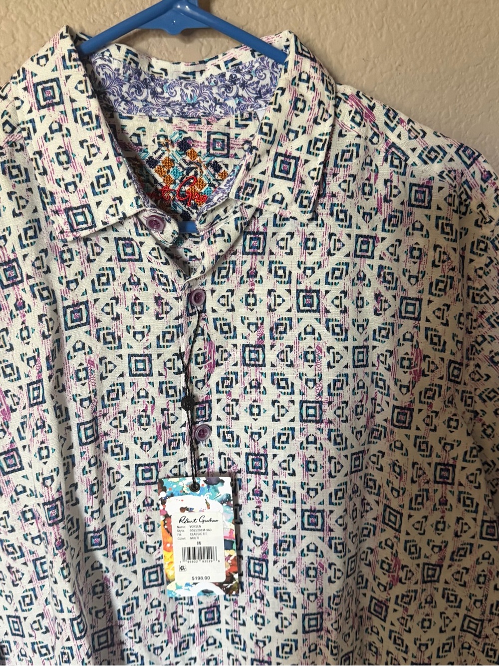 ROBERT GRAHAM Medium Vorsen Short Sleeve Button Front Shirt Classic Linen $198